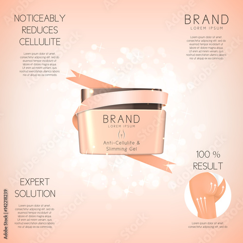 Design of background with anti-cellulite cream in jar. Concept of cosmetic cream. Vector illustration. Advertising of means for care of body skin for women.