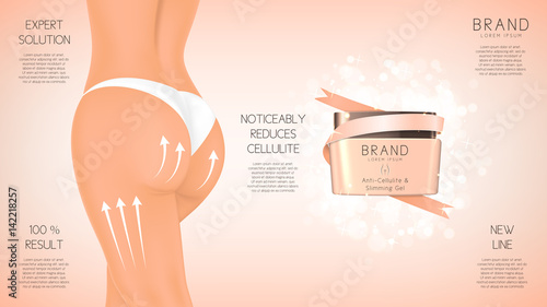 Design of web banner with anti-cellulite cream in jar. Concept of cosmetic cream. Vector illustration. Advertising of means for care of body skin for women.