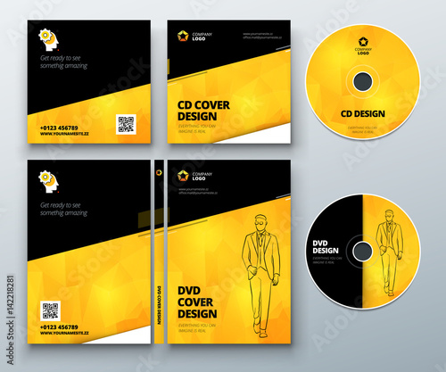 CD envelope, DVD case design. Black Yellow Corporate business template for CD envelope and DVD case. Layout with modern triangle elements and abstract background. Creative vector concept