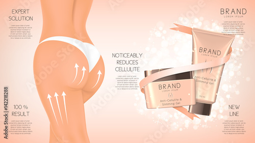 Design of web banner with anti-cellulite cream in jar and tube. Concept of cosmetic cream. Vector illustration. Advertising of means for care of body skin for women.