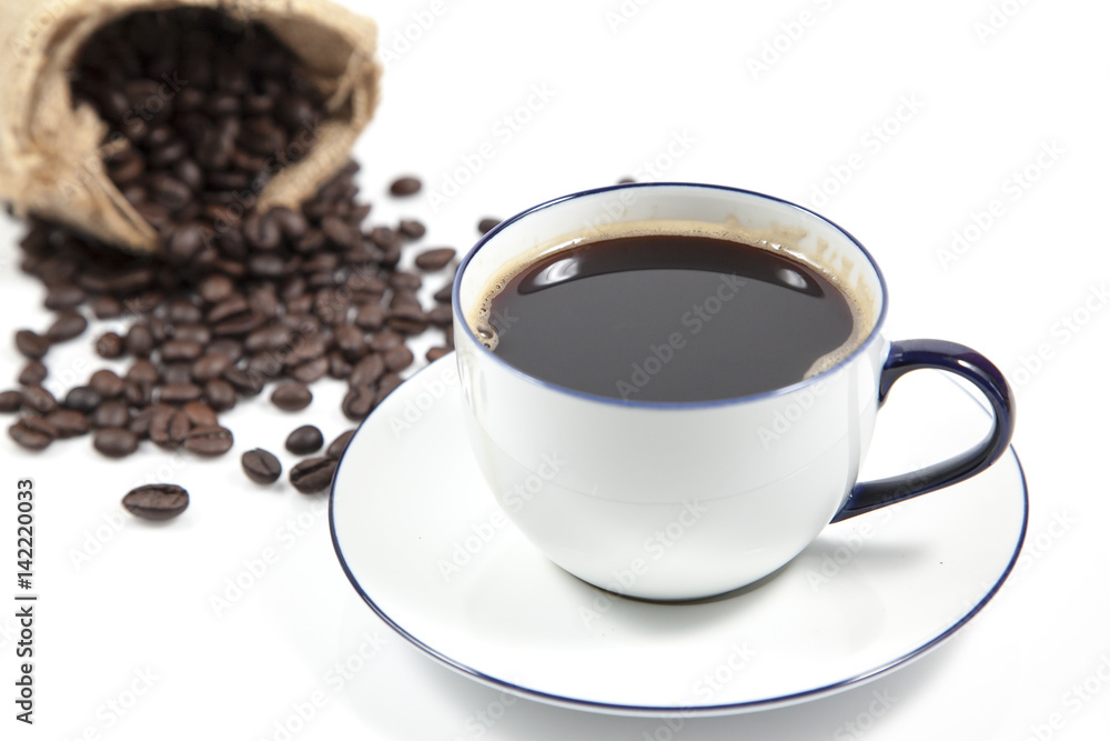 Coffee in white cup and blur coffee seed in sack for background, Isolate image Coffee in white cup and blur coffee seed in sack for background, Isolate image