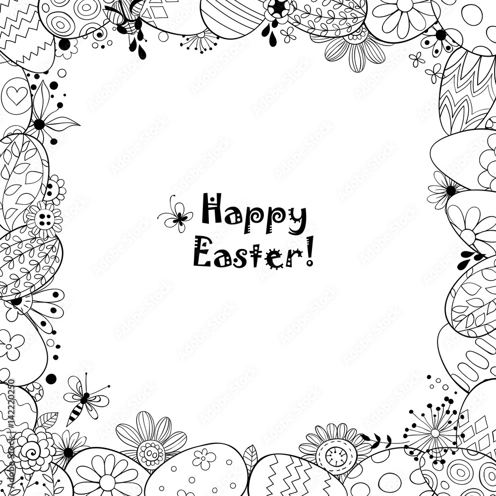Fototapeta premium Frame made of Easter eggs and doodled flowers, leaves and bugs. Template design with lettering.