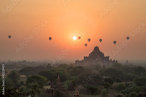 Hot air balloons at sunrise at Bagan temple in Burma  Myanmar
