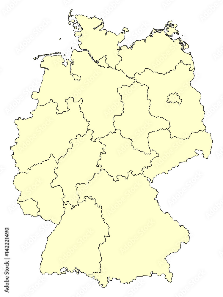 Yellow map of Germany with borders of the federal states isolated on white background. Vector illustration. EPS10