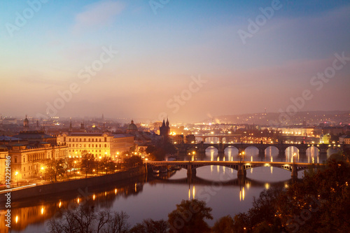 Morning view from above on Prague bridges  Charles Bridge on first plan.