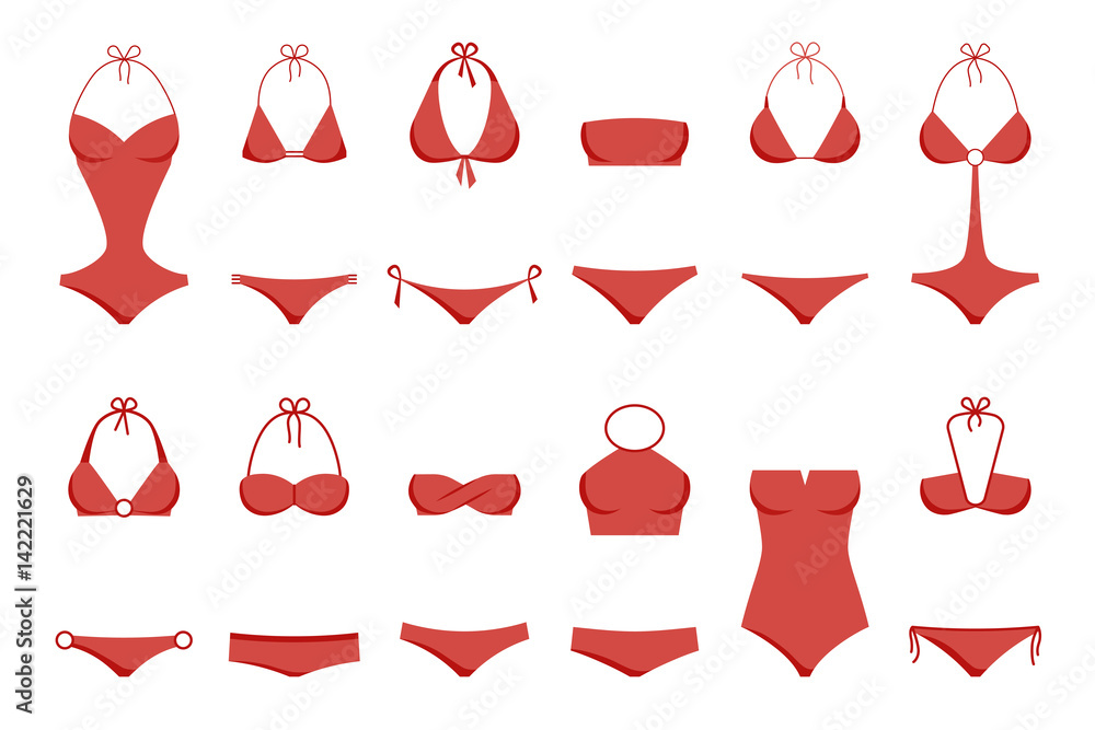 Vector illustration of women's swimsuit design set. Fashion bikini ...