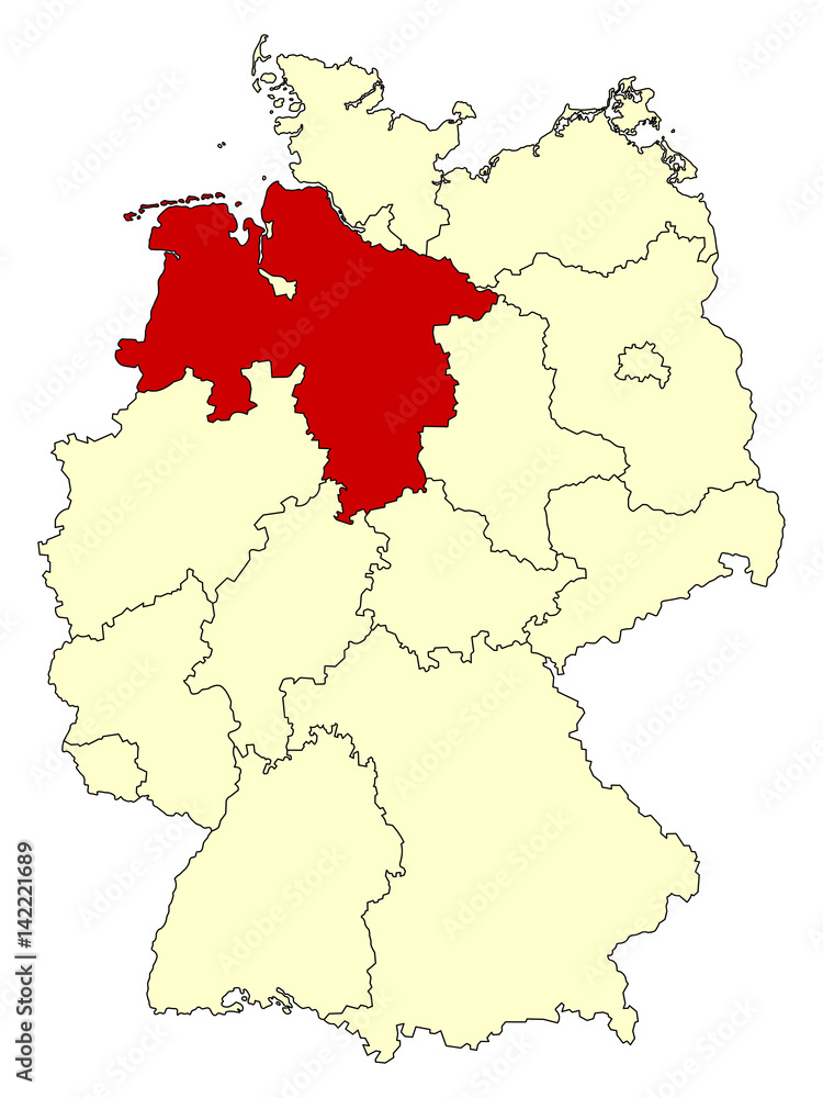 Yellow map of Germany with federal state Lower Saxony isolated in red. Vector illustration. EPS10
