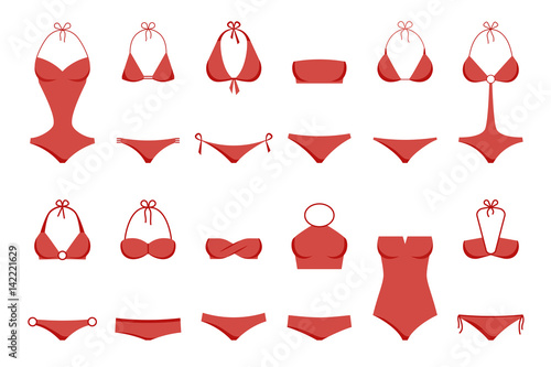 Vector illustration of women's swimsuit design set. Fashion bikini collection. Female stylish swimwear silhouettes isolated. Flat beach clothing underwear.