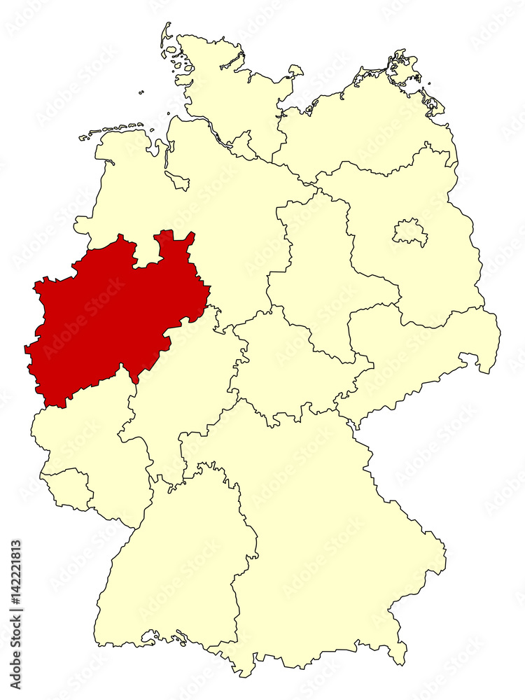 Yellow map of Germany with federal state North Rhine-Westphalia isolated in red. Vector illustration. EPS10