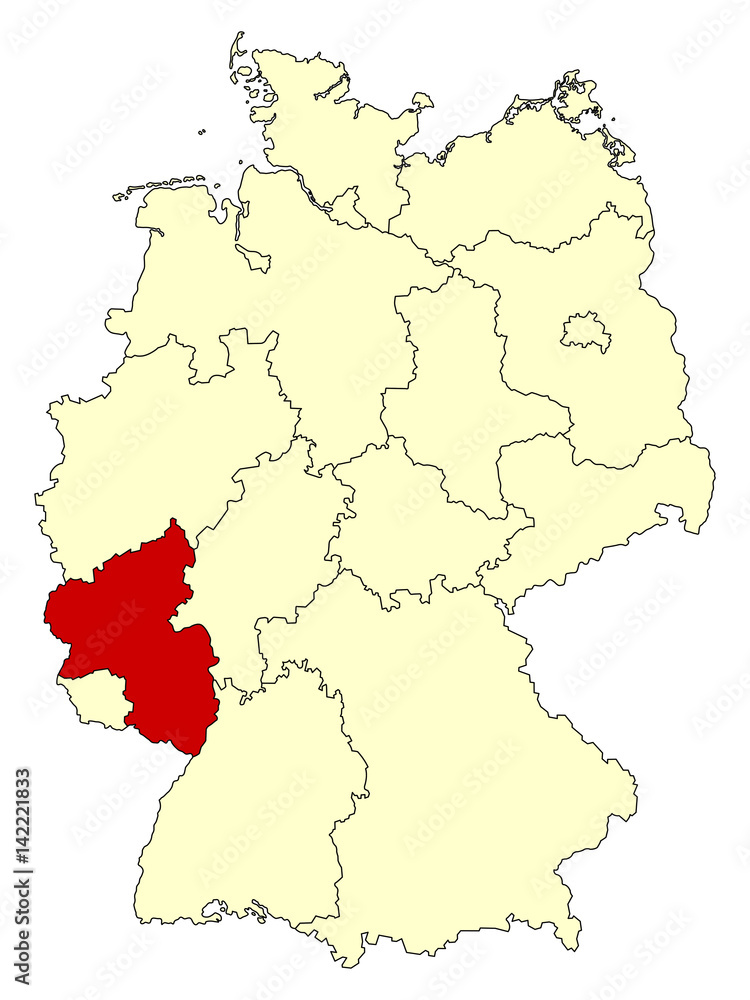 Yellow map of Germany with federal state Rhineland-Palatinate isolated in red. Vector illustration. EPS10