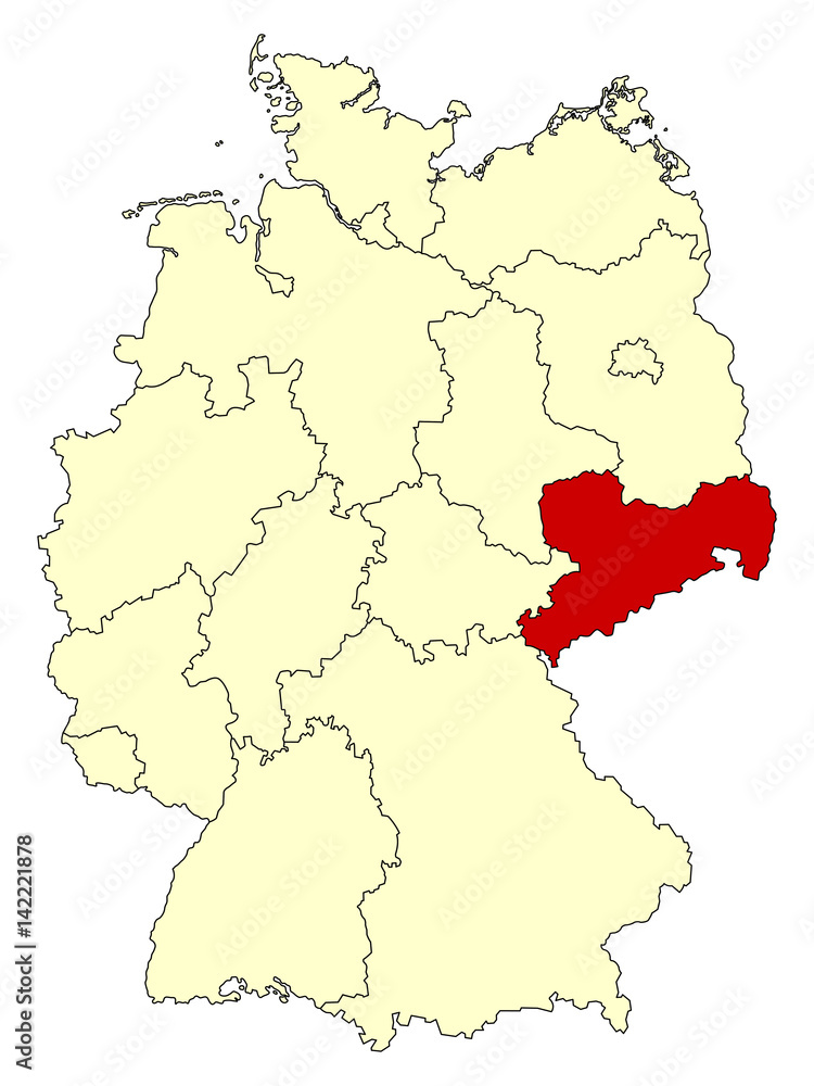 Yellow map of Germany with federal state Saxony isolated in red. Vector illustration. EPS10