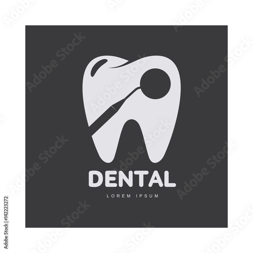 Graphic, black and white tooth, dental care logo template with mirror silhouette over tooth shape, vector illustration isolated on black background. Stylized tooth, dental care logotype, logo design