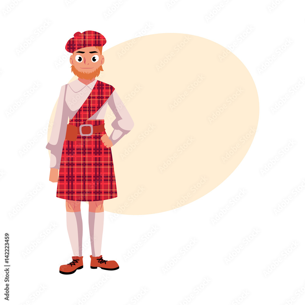 Scottish man in national clothes, red tartan beret and kilt, cartoon vector illustration with place for text. Full length portrait of Scottish man in tartan, plaid and kilt Scottish man in national clothes, red tartan beret and kilt, cartoon vector illustration with place for text. Full length portrait of Scottish man in tartan, plaid and kilt