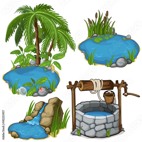 Vector miniature different ponds with classic well