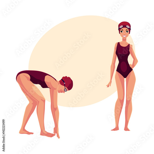 Beautiful woman, swimmer in swimming suit, cap, in standing and starting positions, cartoon vector illustration with place for text. Woman, girl swimmer in swimming suit