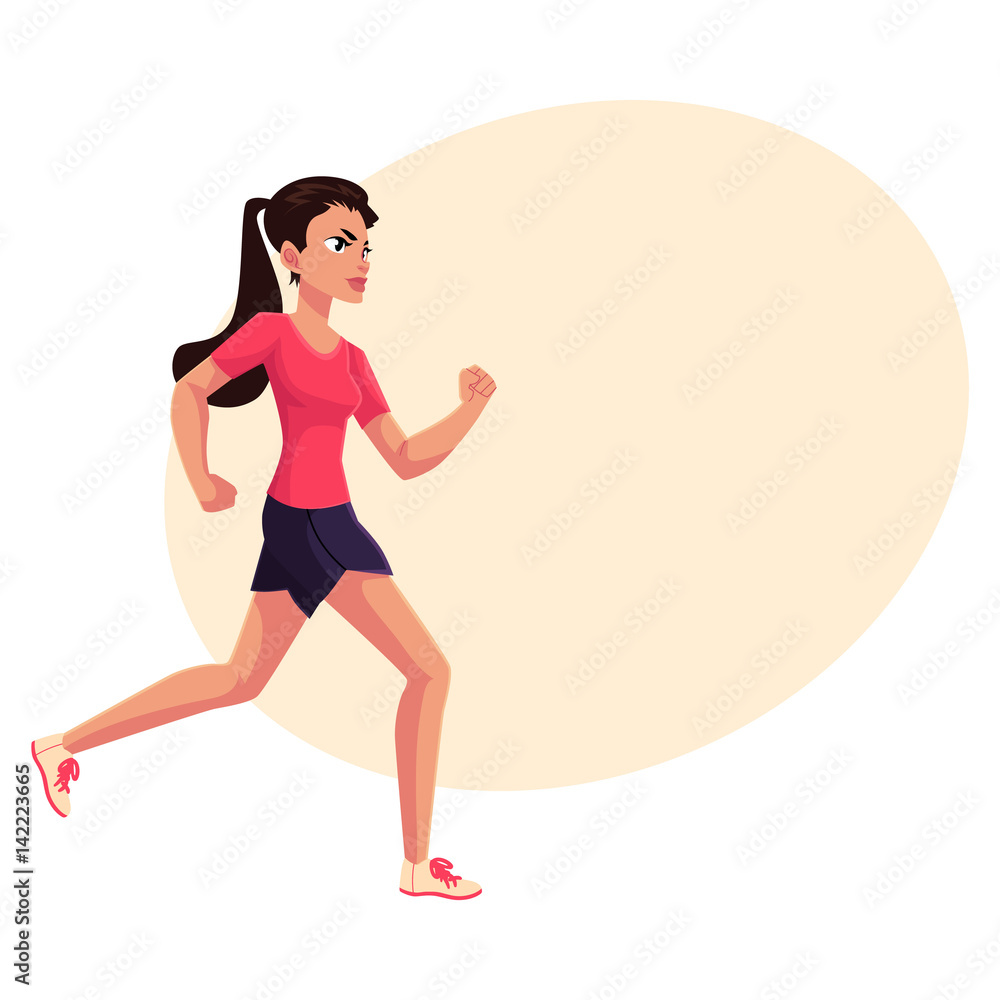 Young and pretty female runner, sprinter, jogger, cartoon vector  illustration with place for text. Woman, girl running, sprinter, track and  field, healthy lifestyle concept Stock Vector | Adobe Stock