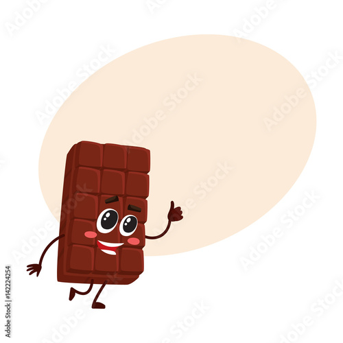 Cute chocolate bar character with funny face, giving thumb up, cartoon vector illustration with place for text. Funny chocolate character, mascot, emoticon