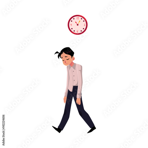 Young tired, upset, exhausted businessman feeling a mess, dragging feet home after hard working day, cartoon vector illustration isolated on white background. Businessman, employee sad, upset, tired