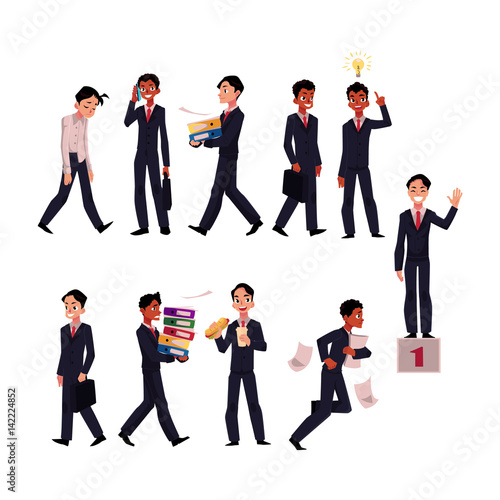 Black and Caucasian businessman in business situations, working day, career concept, cartoon vector illustration isolated on white background. Businessman in business situations, corporate culture