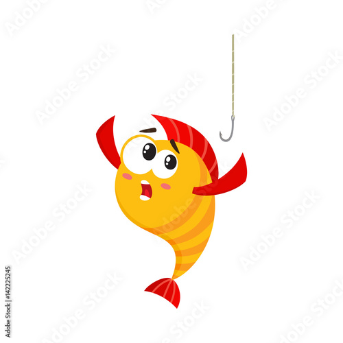 Funny golden, yellow fish character with human face scared of fishing hook, cartoon vector illustration isolated on white background. Yellow fish character, mascot too smart to get caught on hook