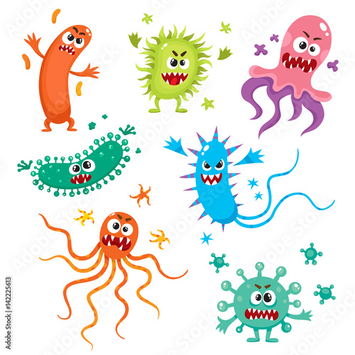 Set of ugly virus, germ and bacteria characters, cartoon vector illustration on white background. Collection of ugly bacteria, virus, germ monsters with human faces and sharp teeth
