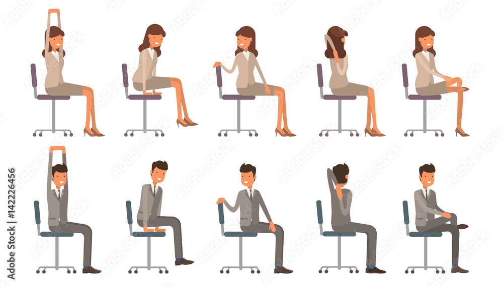 Office chair yoga. Corporate workout vector illustration on white isolated  background. Business man and woman stretching on a work place. Stock Vector  | Adobe Stock