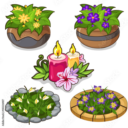 Set of flowers in pots, flower beds and candles