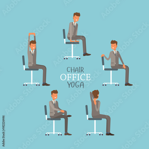 Vector illustration with office chair yoga. Businessman doing workout and stretching. Man in suit exercising on office chair. Icon set on blue background.