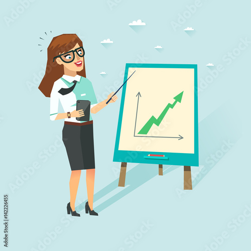 Smart business woman with cup in white shirt showing growing up chart. Student with glasses showing presentation. Vector character in flat style. 