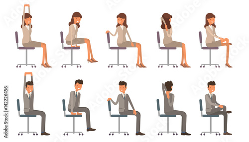 Office chair yoga. Corporate workout vector illustration on white isolated background. Business man and woman stretching on a work place.