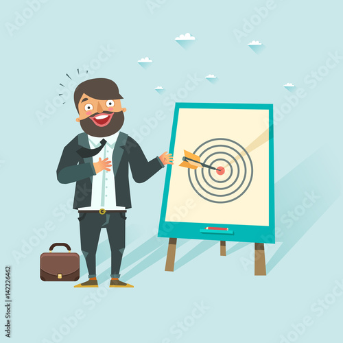 Successful business story concept. Happy businessman got a win in darts. Vector character in flat style.