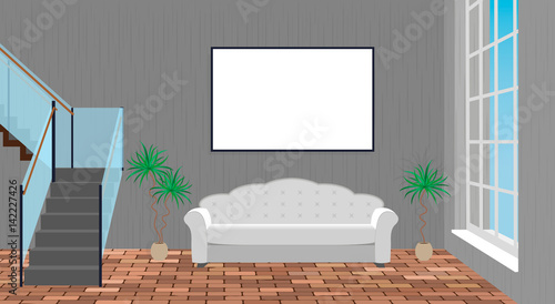 Mockup living room interior with empty frame, sofa, brick floor and second floor stairway.