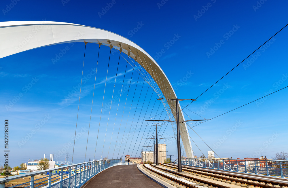 Citadelle Bridge across Bassin Vauban for trams and bicycles. Strasbourg - France