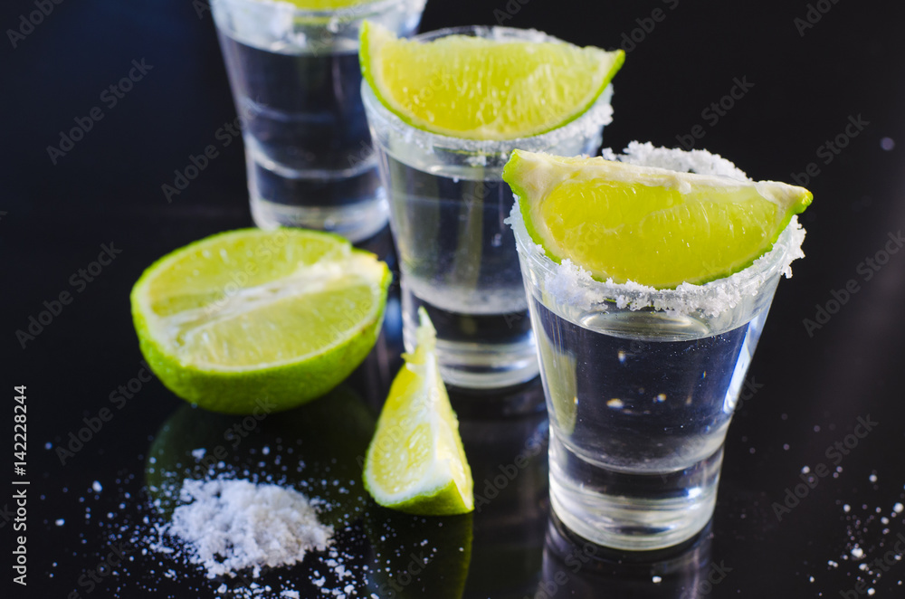 Silver tequila with lime and salt Silver tequila with lime and salt