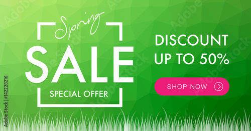 Spring Sale social network square banner with green triangles background