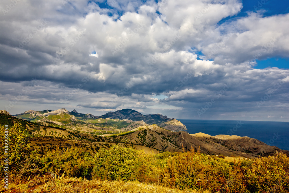 Beautiful view of the Kara-Dag ridge. Crimea. Ukraine.