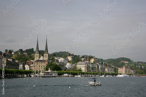 View of historical center with twin towers of the church of St. Leodegar  called the Hofkirche in  Luzern  Switzerland