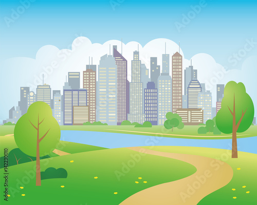 Fototapeta Naklejka Na Ścianę i Meble -  Cityscape with skyscrapers, park with river or lake in foreground vector illustration