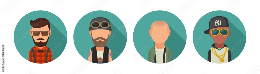 Set icon different subcultures people. Hipster, biker, skinhead, raper.