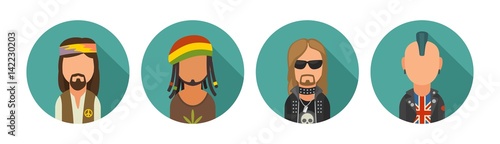 Set icon different subcultures people. Hipster, raper, emo, rastafarian, punk, biker, goth, hippy, metalhead, steampunk, skinhead, cybergoth.