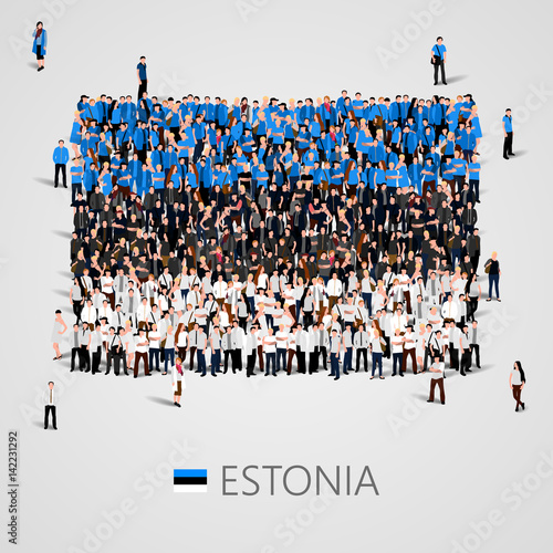 Large group of people in the shape of Estonian flag. Republic of Estonia.