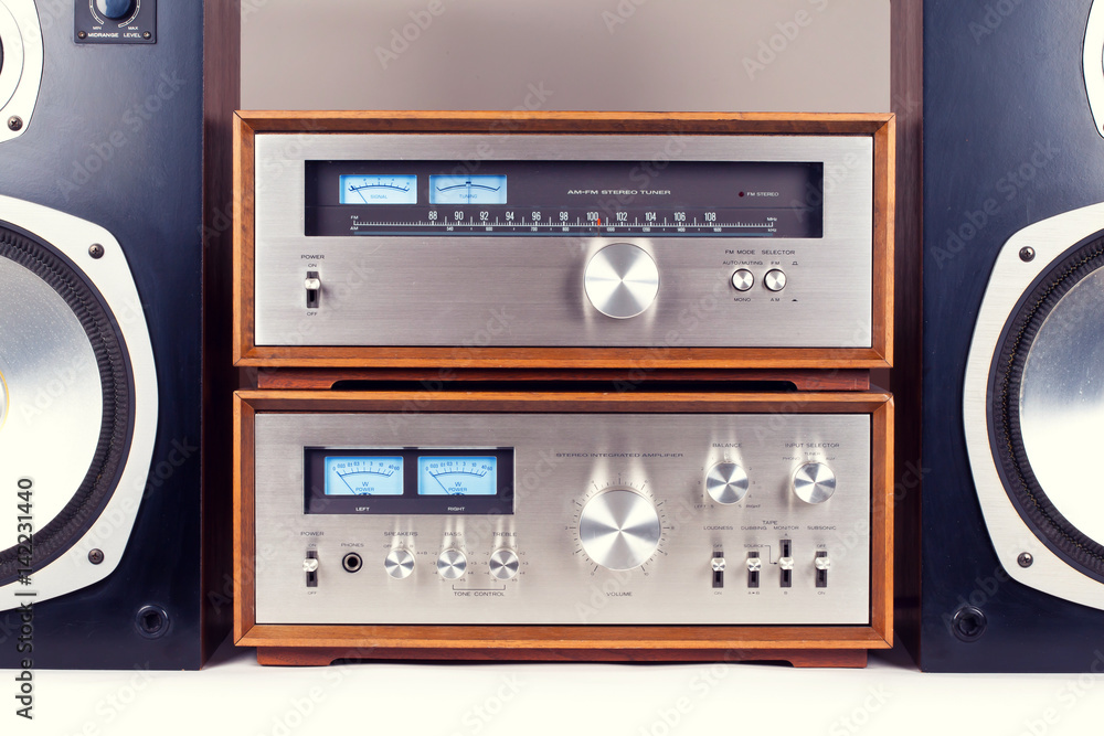 Fototapeta premium Amplifier, Tuner, Speakers Stereo Vintage Audio System