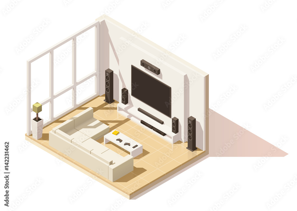 Vector isometric low poly living room icon Vector isometric low poly living room icon