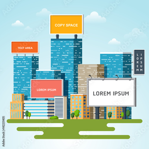 Vector - Billboards with copy space text standing high over large city urban skyscrapers buildings.