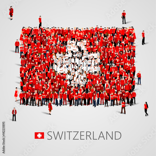 Large group of people in the shape of Swiss flag. Swiss Confederation. Switzerland concept.