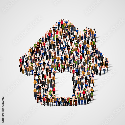 A group of people in a shape of house icon, isolated on white background.
