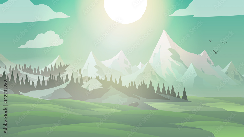 Meadow Landscape with Mountains - Vector Illustration.