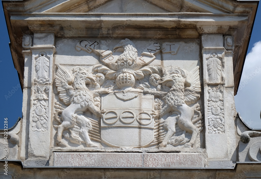 Coat of arms above entrance of Castle in Ptuj, town on the Drava River banks, Lower Styria Region, Slovenia