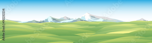Rural Summer Meadow Landscape with Mountains Panorama  - Vector Illustration