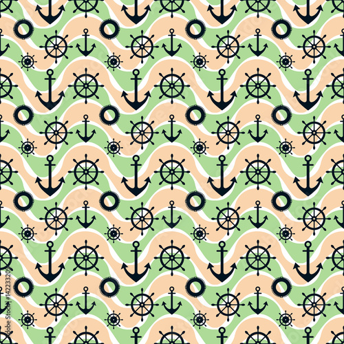 Vector seamless pattern with anchor, steering wheel, waves. Symmetrical green, pink background, nautical theme. Graphic illustration. Template for wrapping, backgrounds, fabric, prints, decor, surface